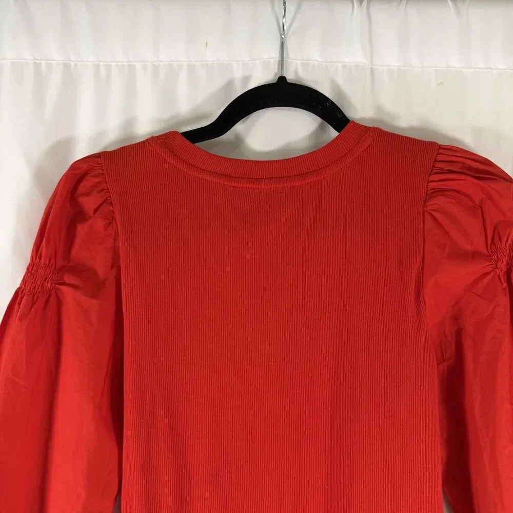 LOFT Blouse Women's XS Petite Red Long Sleeve Ribbed Puff Shoulder Round Neck
